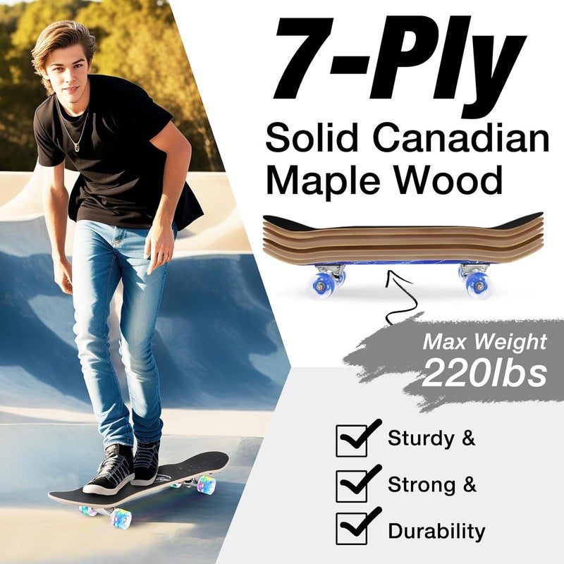BELEEV Skateboards for Beginners, 31 x 8 inch Complete Skateboard for Kids Teens Adults, 7 Layer Canadian Maple Double Kick Deck Concave Cruiser Trick Skateboard with Multifunction Skate T-Tool - Image 3